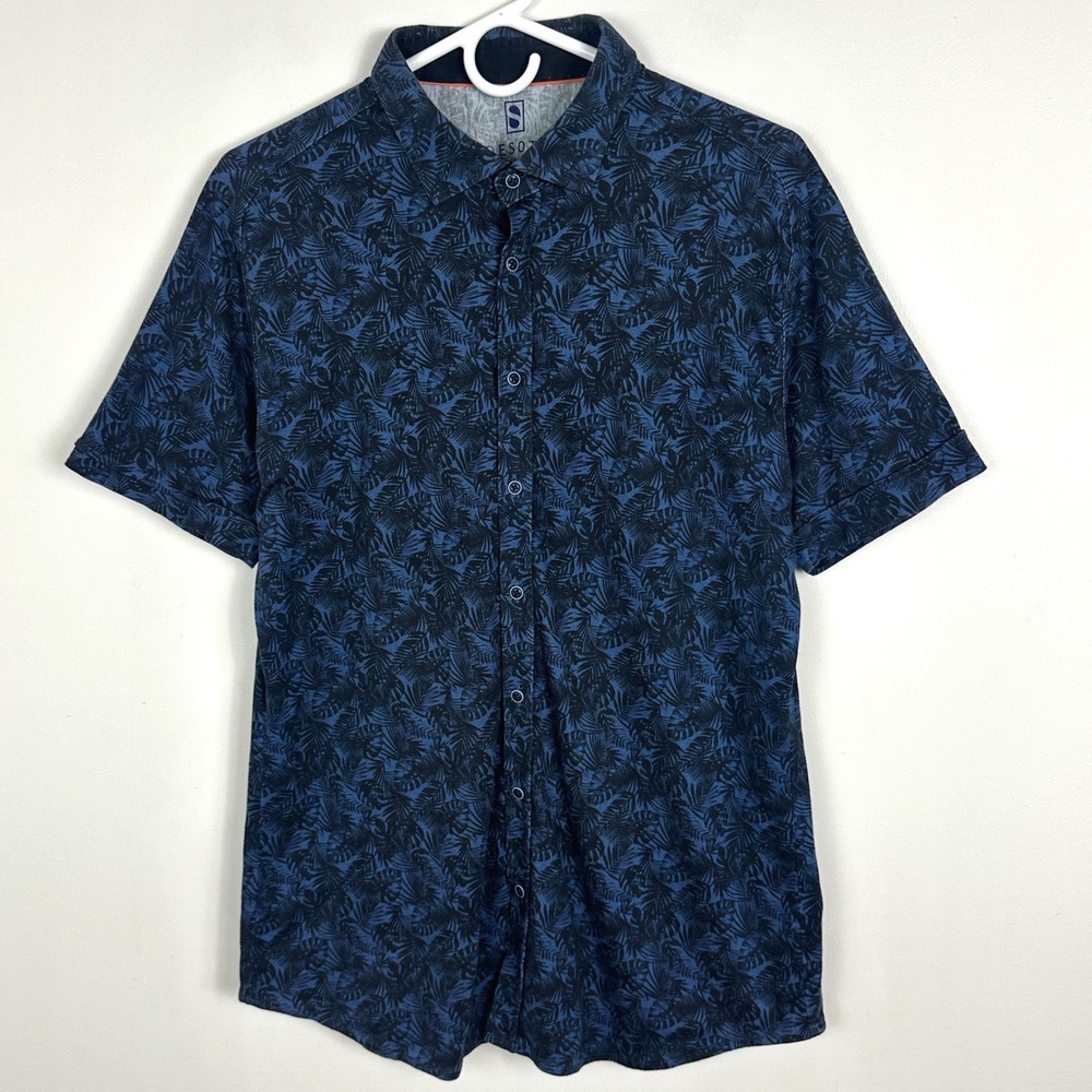 Desoto Mens Short Sleeve Jersey Hirt Mens Sz Large Blue Floral Print Button Down
